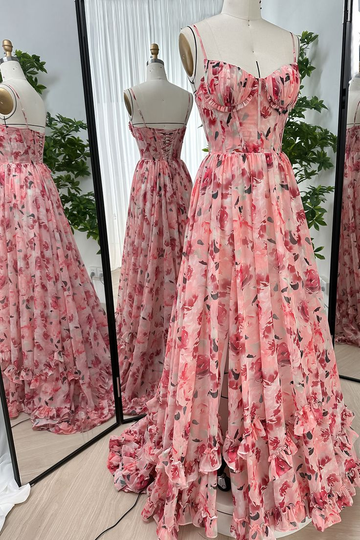 Spaghetti Straps Corset Floral Chiffon Prom Dress Slit Ruffles Party Dress HZ1023